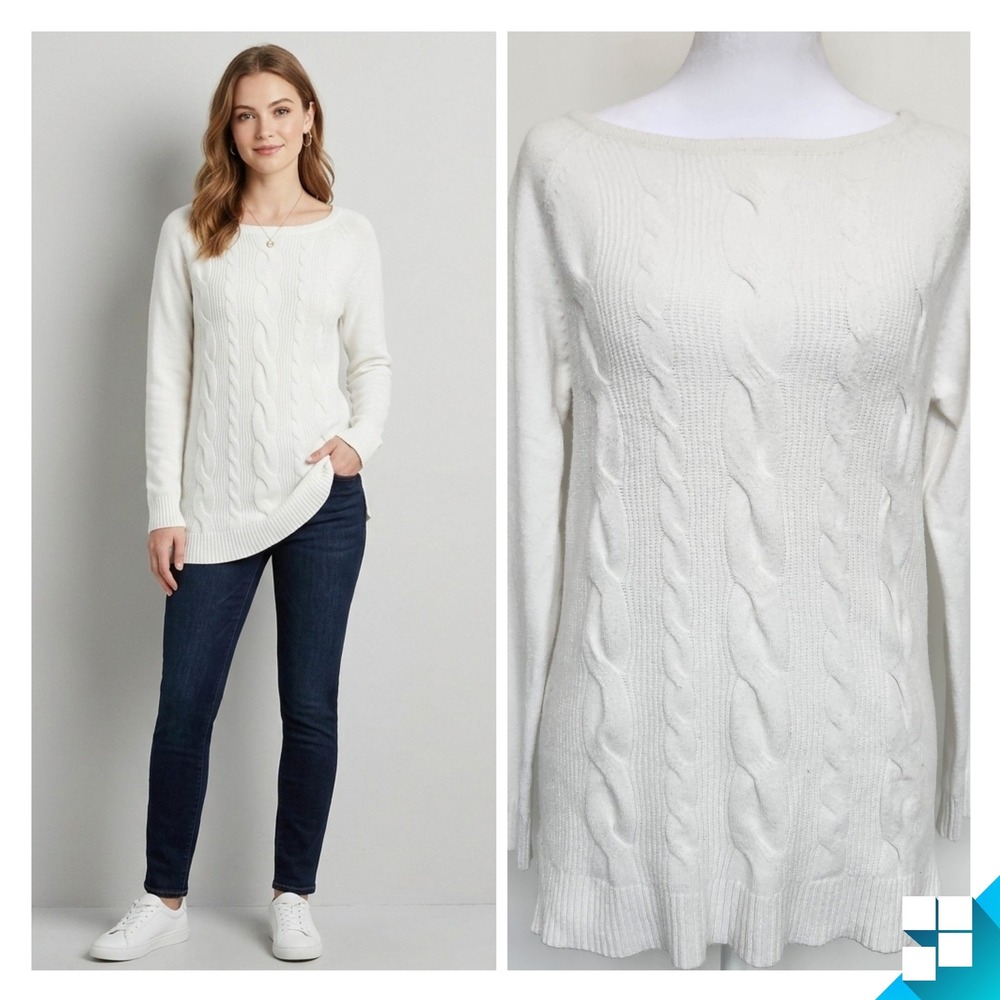 Cyrus White Cable Knit Sweater Boat Neck Raglan Long Sleeve Pullover Medium